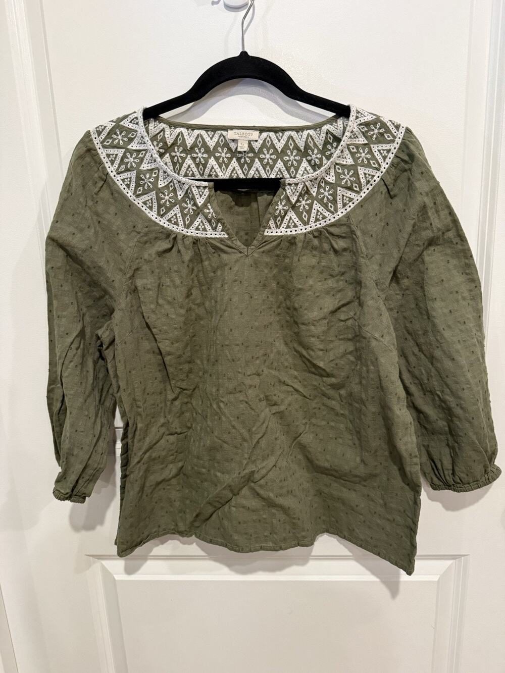 Talbots Sz Large Petite Green Textured Embroidered Blouse Top Summer Comfort